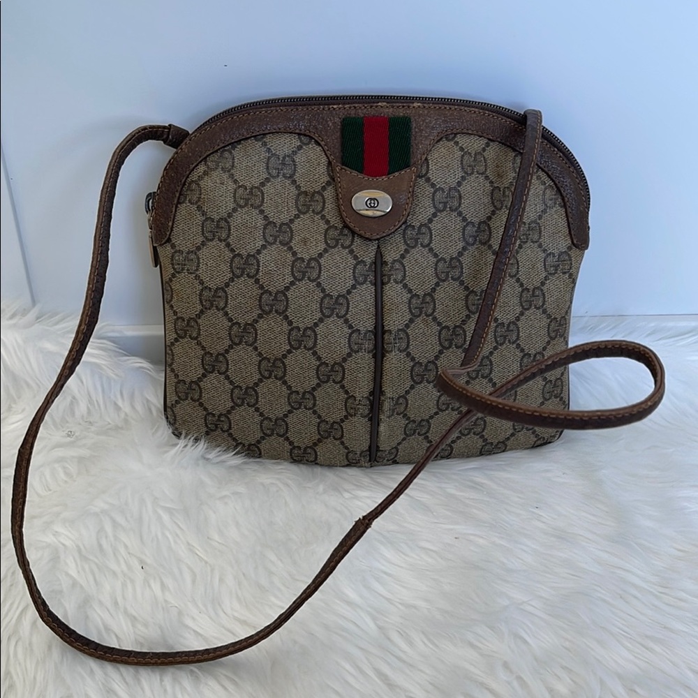 GUCCI GG Supreme Web Sherry Line Shoulder Bag PVC Beige